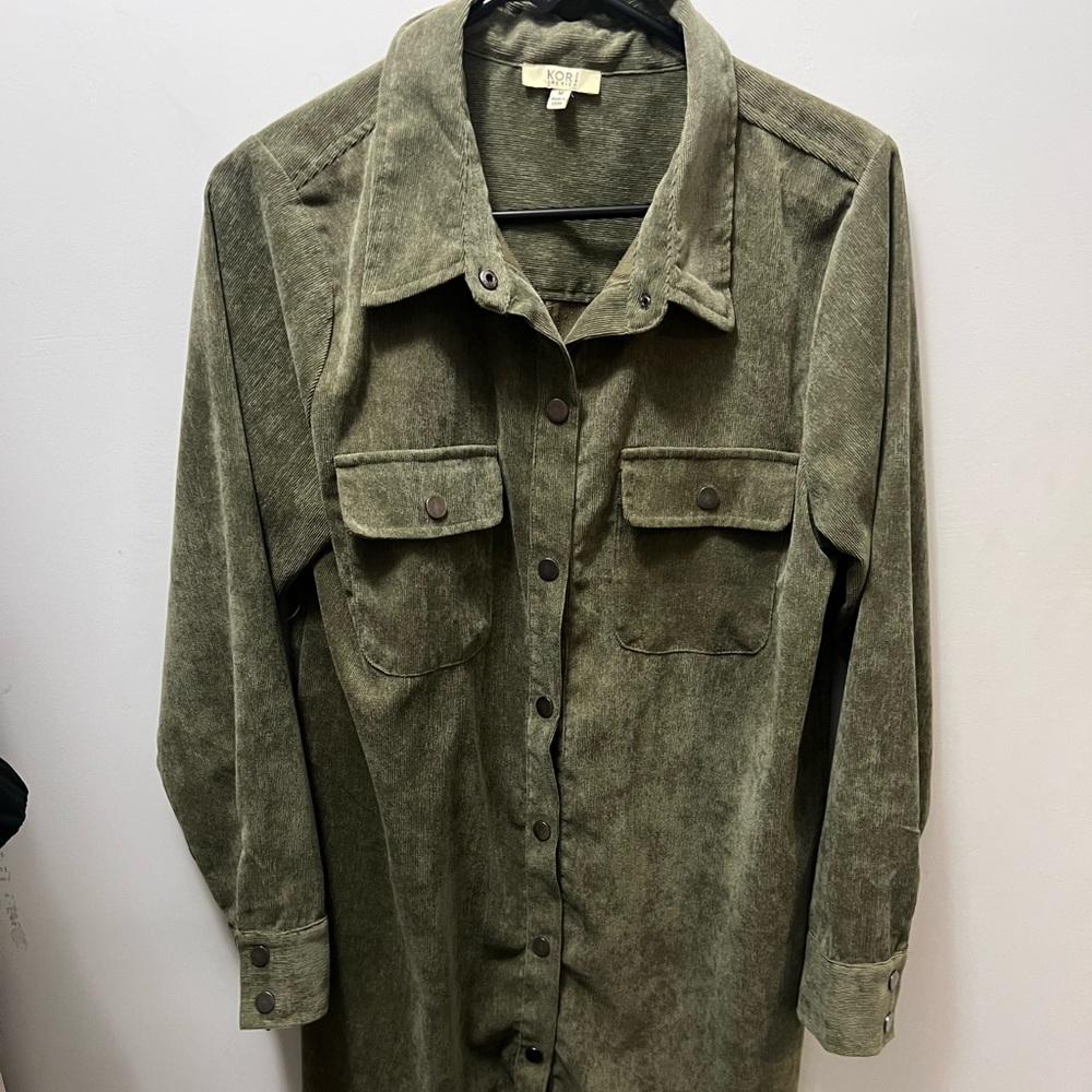 Green Ribbed Long Sleeve Frayed Edge Shirt Dress